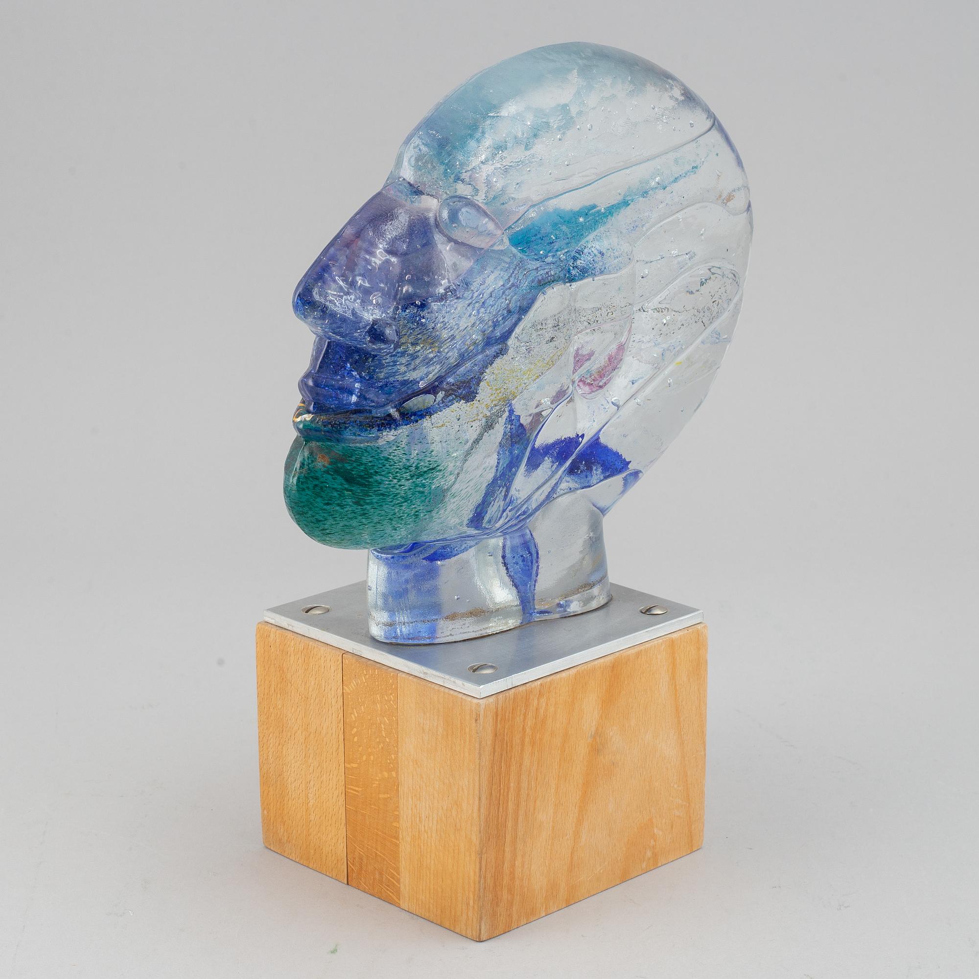 Bertil Vallien, a cast glass sculpture of a head, Kosta Boda, Sweden, ed. 6/20.