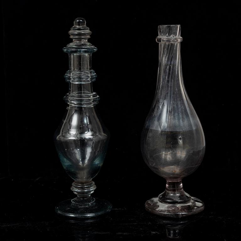 Two Swedish glass flasks and two vinegar bottles, 18th - early 19th century,.