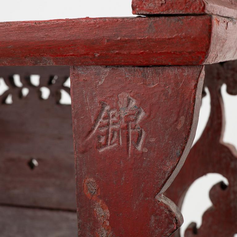 Two red lacquer and gilded altar tables, Indonesia, Jakarta, 20th Century.