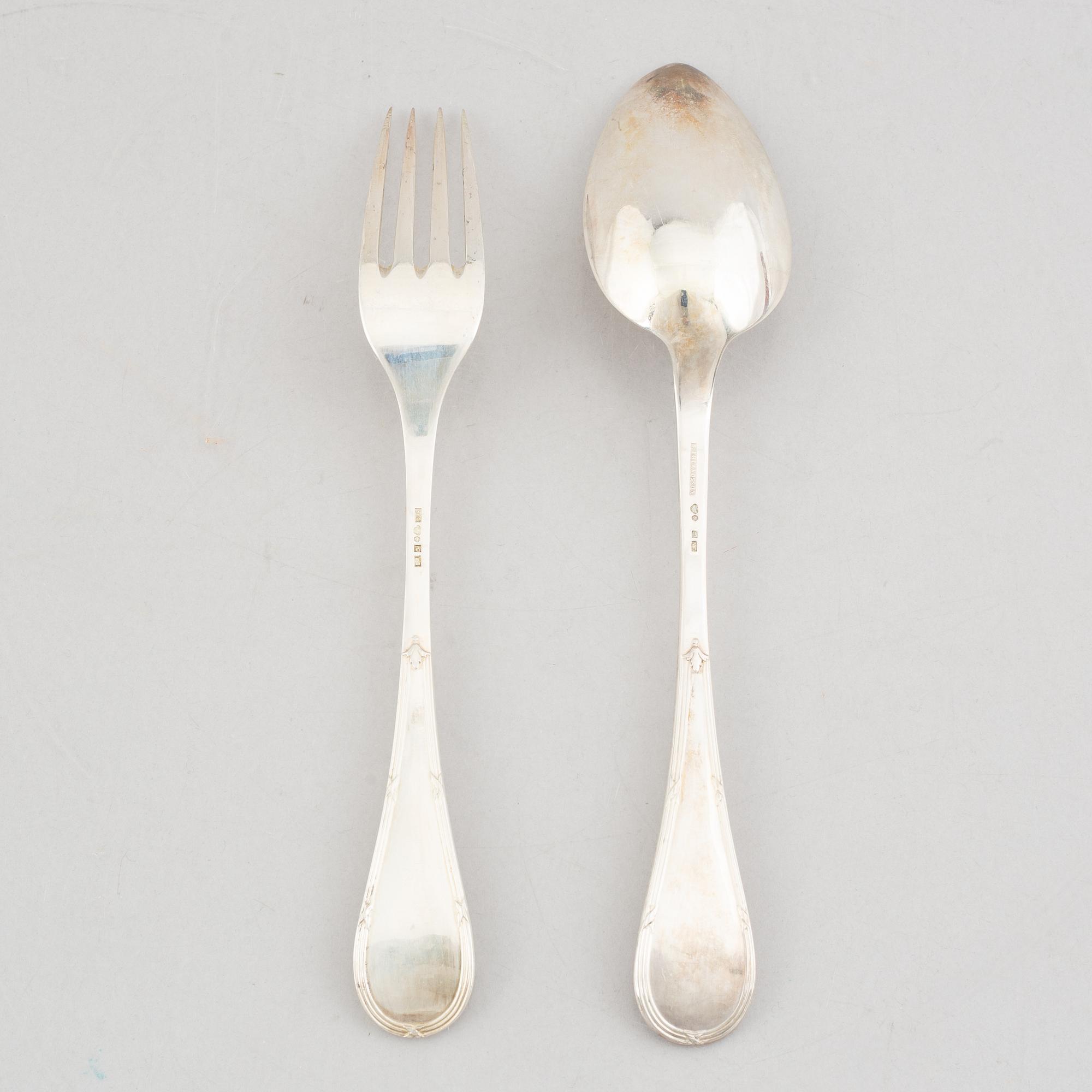 Uppsättning skedar och gafflar, 14 delar, silver, "Rosett", bl.a. Bernt Erlandsson, Kristianstad, 1912-32.