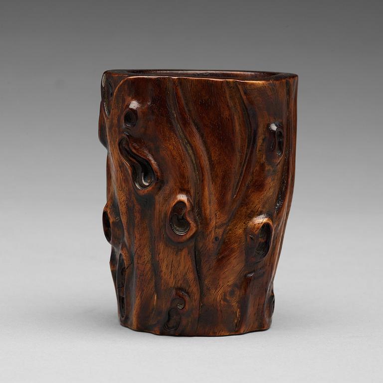 A wooden brush pot, presumably late Qing dynasty.