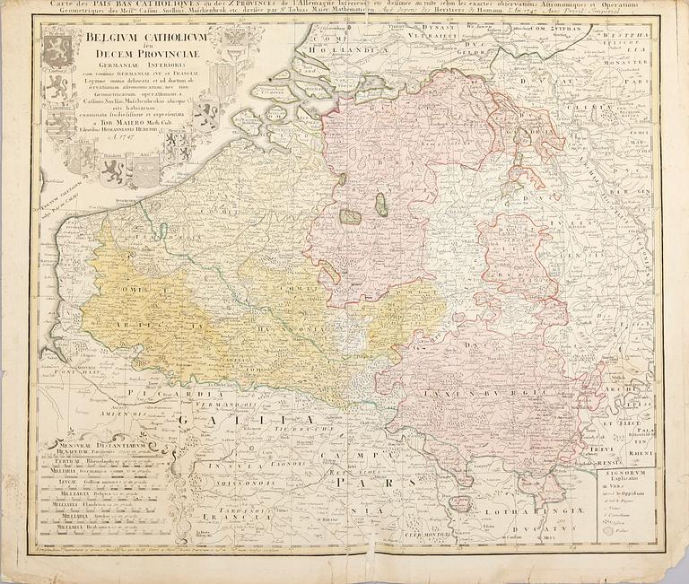 KARTOR, 3 st, kolorerade kopparstick, Belgien, 1700-tal.