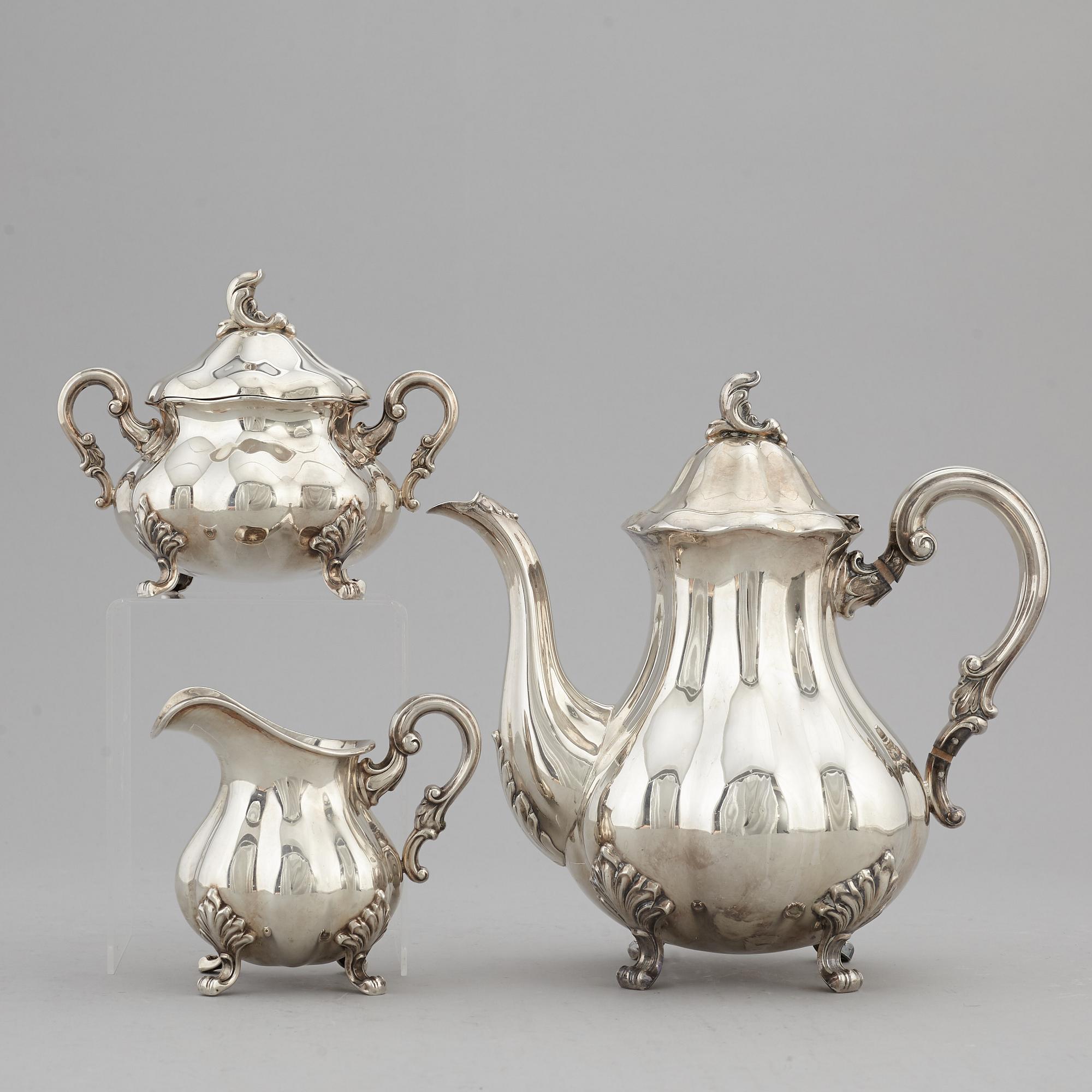 KAFFESERVIS, 3 delar, silver,  rokokostil, svensk importstämpel.