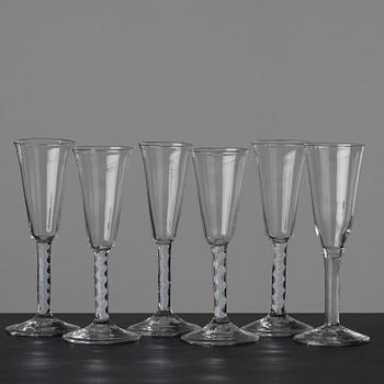 A matched set of six champagne flutes, England, 18th Century.