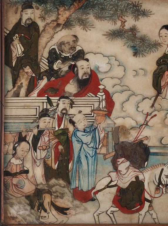 A painted stone placque for a table screen, depicting daoist immortals avaiting the arrival of Xi Wangmu, Qing dynasty.