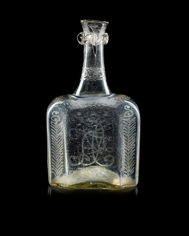 FLASKA, glas. Möjligen Skånska Glasbruket. 1700-talets andra hälft.