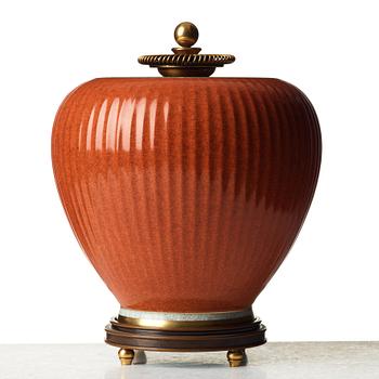 Knud Andersen, & ROYAL COPENHAGEN, a porcelain jar with patinated and gilt bronze cover and stand, Denmark mid 1900's.