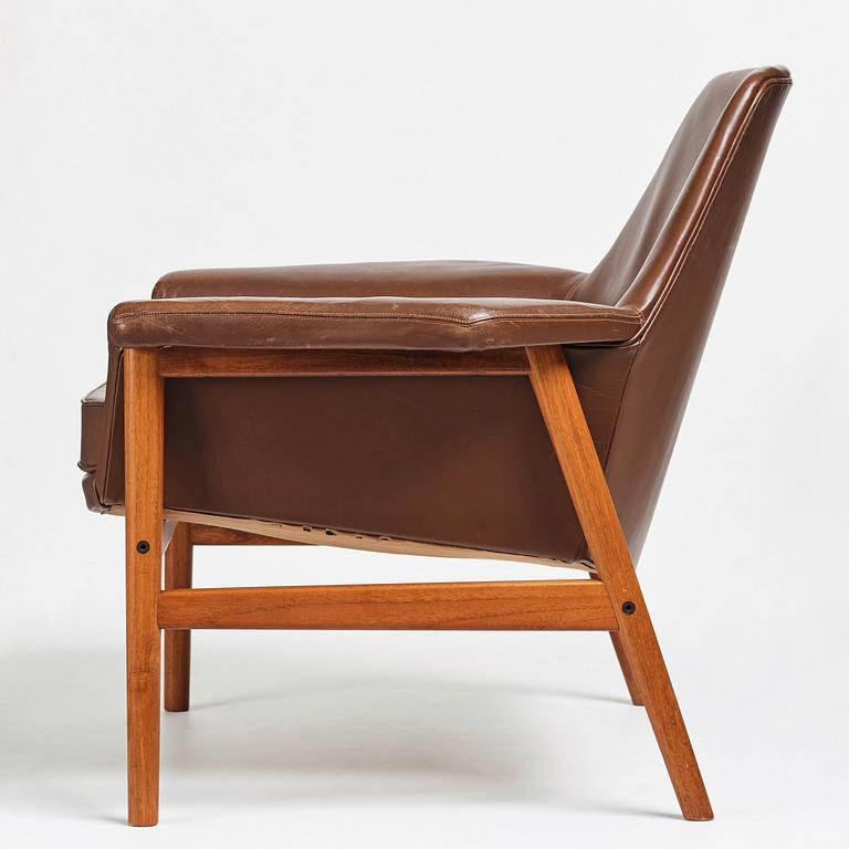 Ib Kofod-Larsen, a teak and brown leather easy chair, Olof Perssons Fåtöljindustri (OPE), Sweden, 1950-60's.