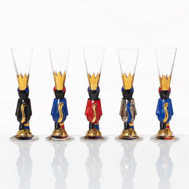 Gunnar Cyrén, snapsglas, 5 st, s.k. "djävulsglas", ur "Nobel" servisen, Orrefors.