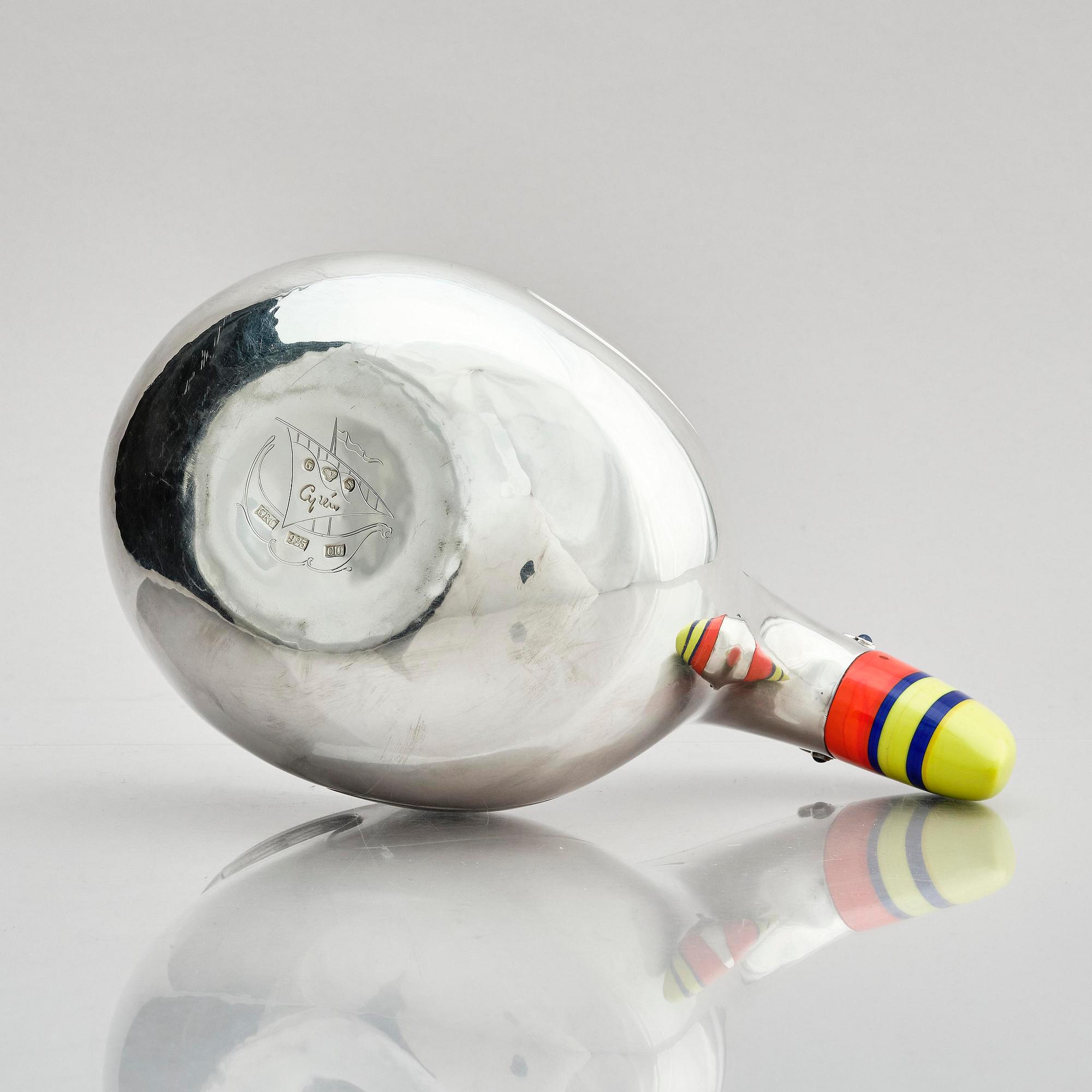 Gunnar Cyrén, "Stornäbb" (large beak), a unique sterling silver bowl with sapphires and glass, Gävle, Sweden 1977.