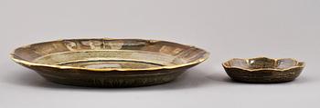 PRAKTSKÅL och FAT, 2 st, flintgods, Josef Ekberg, Gustavsberg, 1900-talets första hälft.