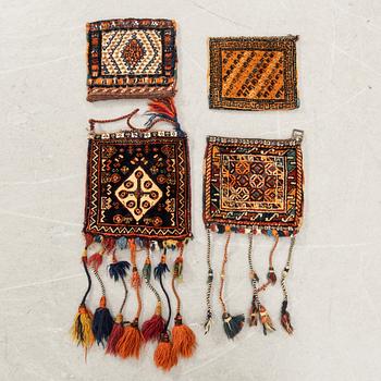 Bags Chanteh 4 pcs Kashgai semi-antique approx. 32x30 cm, 23x26 cm, 26x29 cm and 26x28 cm (excluding tassels).