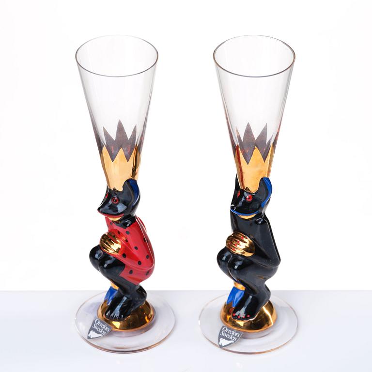 Gunnar Cyrén, two "Devil" shot glasses, from the "Nobel" series, Orrefors, Sweden post 1996.