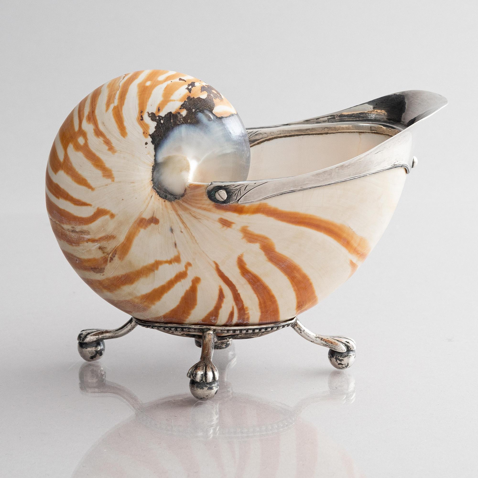 A Swedisk early 19th century silver-mounted shell, sauce-boat, mark of Gustav Ingelman, Kalmar (active 1813-1822).