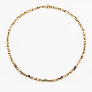 Collier, 18K guld, pansarlänk med cabochonslipade rubiner, safirer och smaragd.