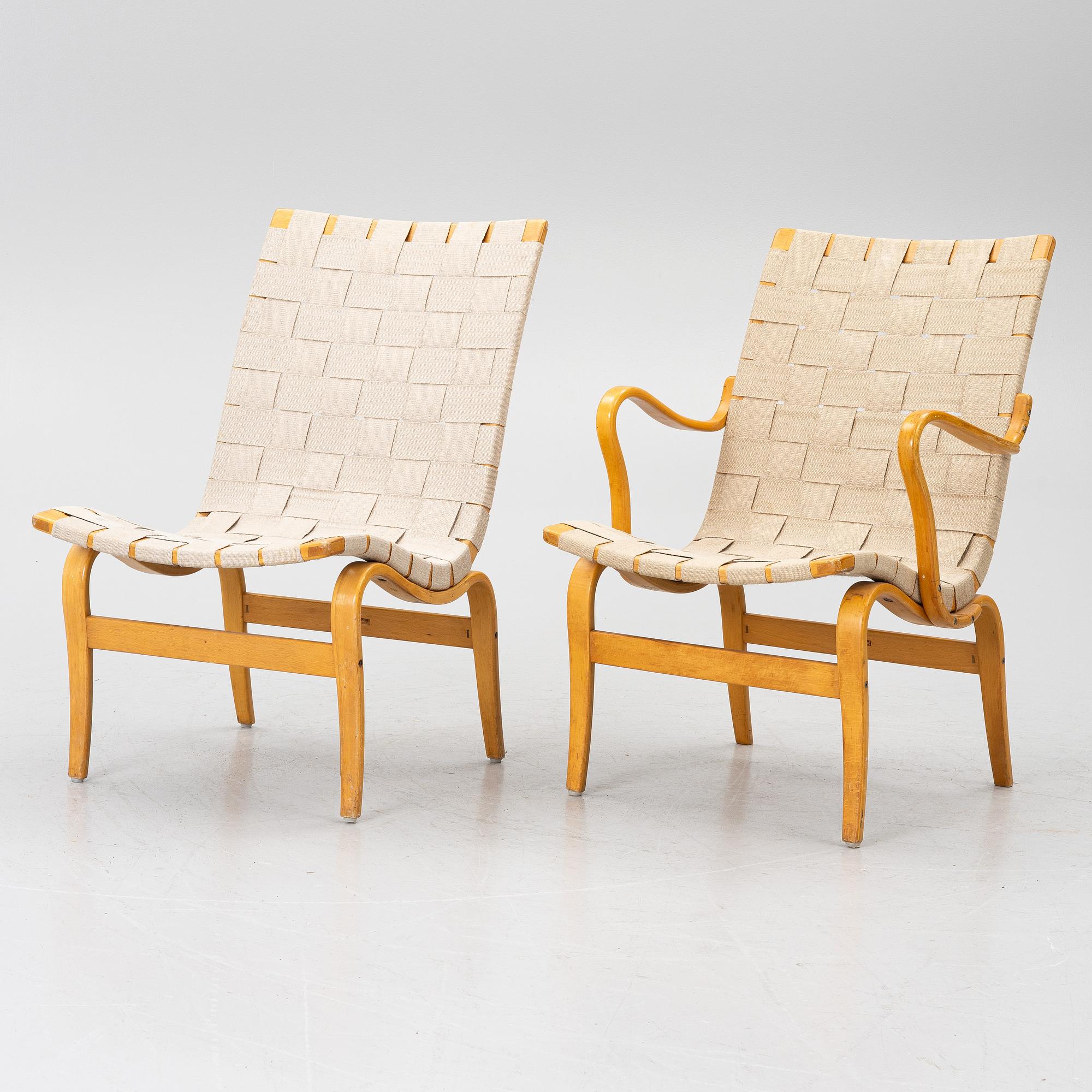 Bruno Mathsson, a matched pair of 'Eva' easy chairs, Firma Karl Mathsson, Värnamo, 1961.