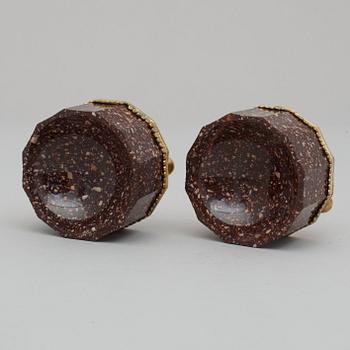 A pair of Swedish 19th century porphyry and gilt bronze salts.