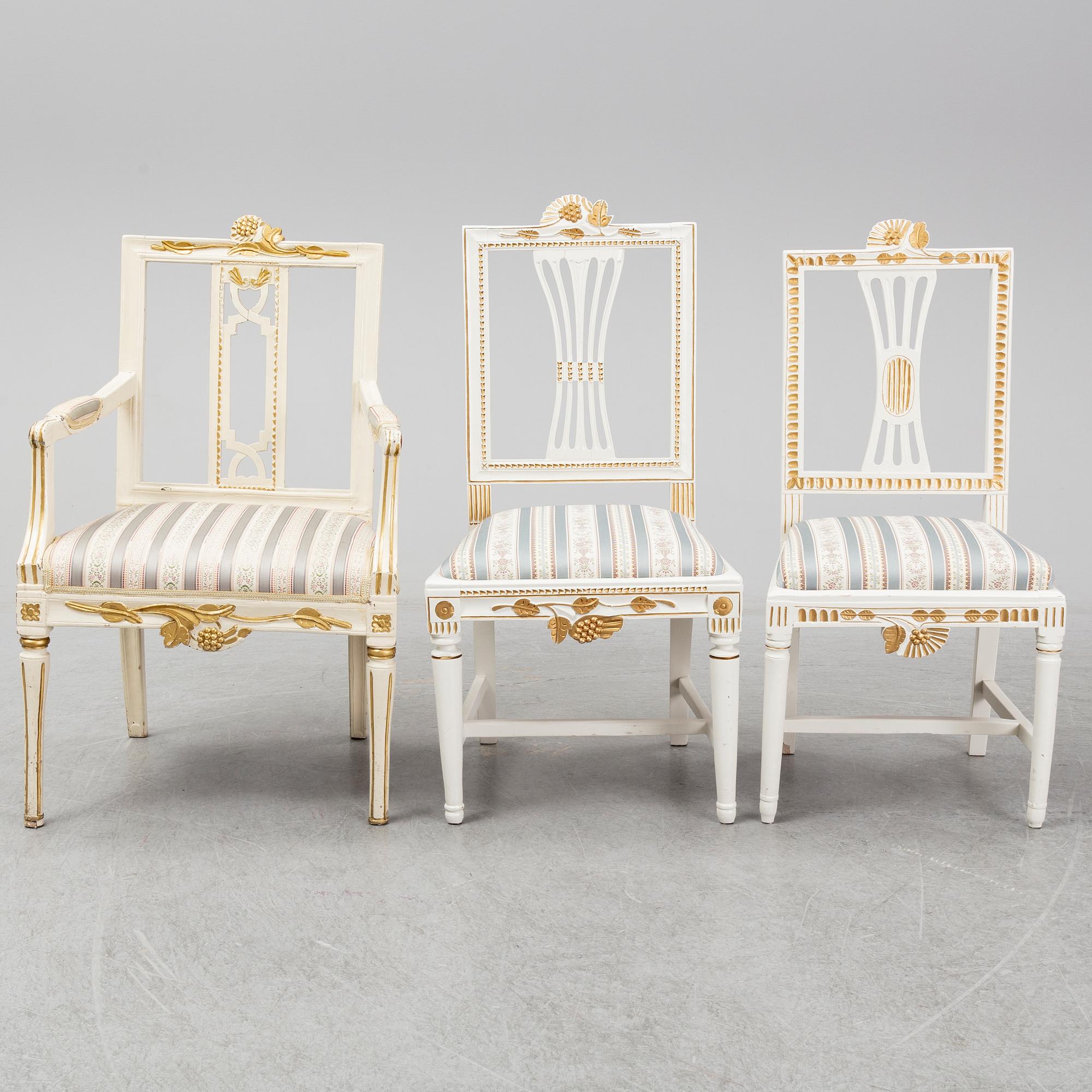 STOLAR 6 st (4+2) och KARMSTOLAR ett par, gustavianska, Lindome, sent 1700-tal.