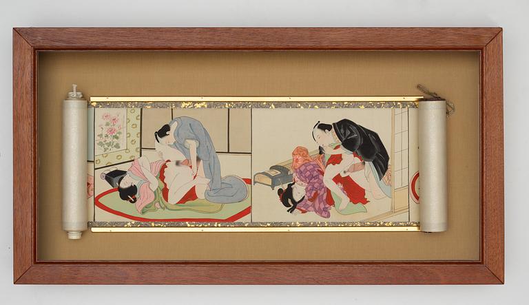 MÅLNING PÅ SIDEN MED 12 SHUNGAMOTIV av okänd konstnär, Kina 1900-tal.