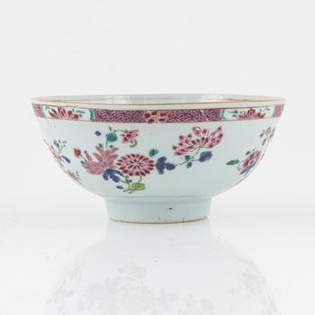 A famille rose dish, sauce boat and bowl, Qing dynasty, 18th Century.