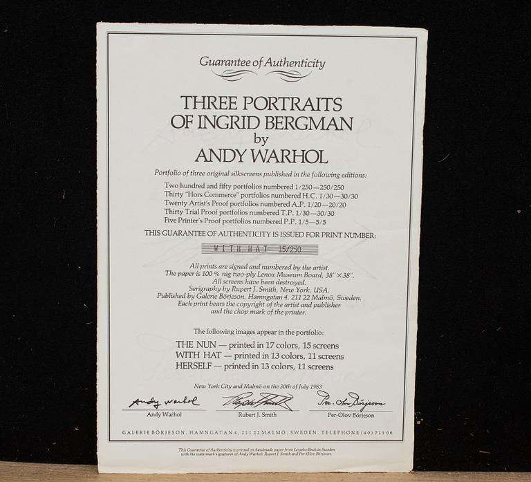 ANDY WARHOL, "With hat" ur "Three portraits of  Ingrid Bergman by Andy Warhol"  silkscreen signerad och numerad 15/250.
