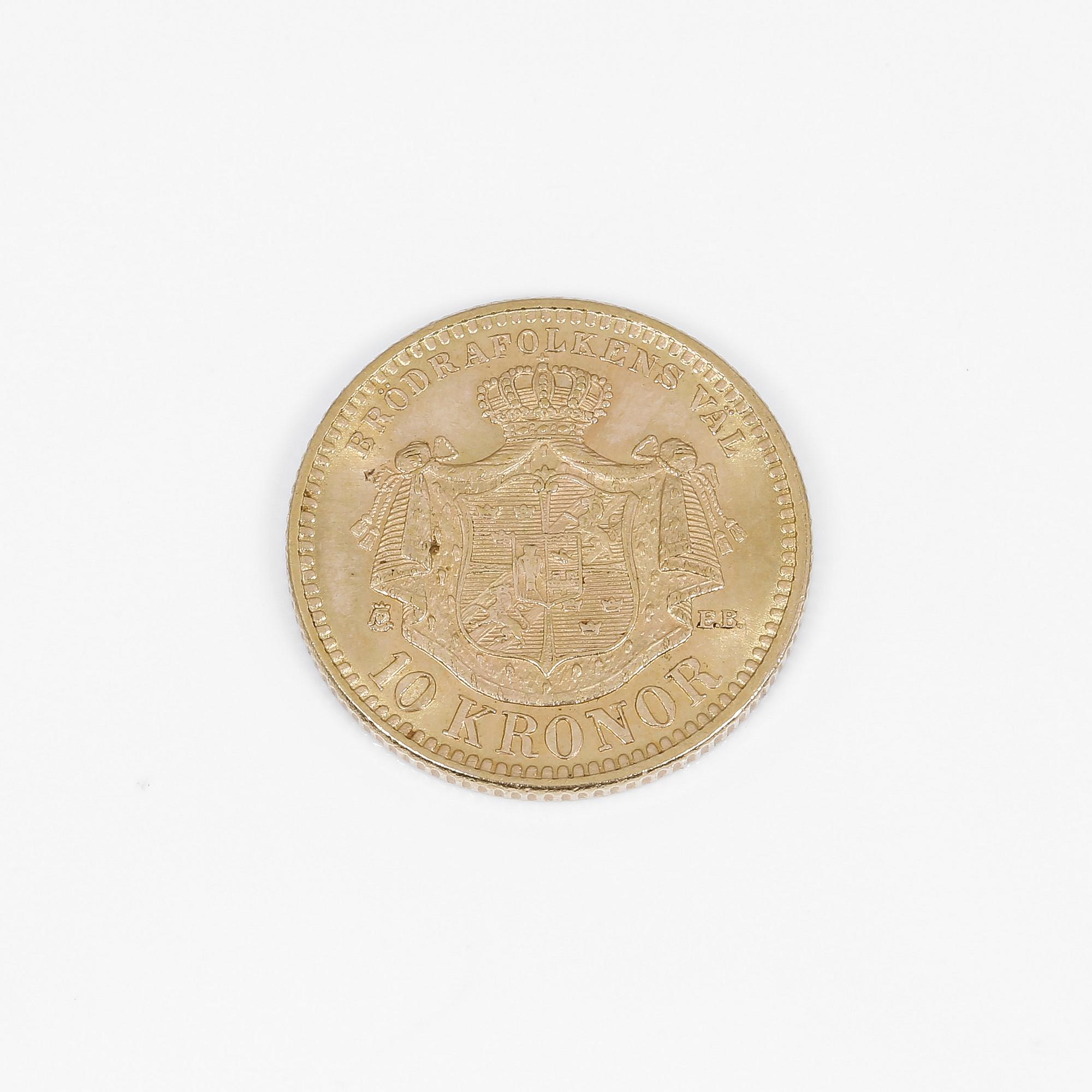 GULDMYNT, troligen ca 20 karat guld, Oscar II 10 kr. Vikt ca 4,5 gram.