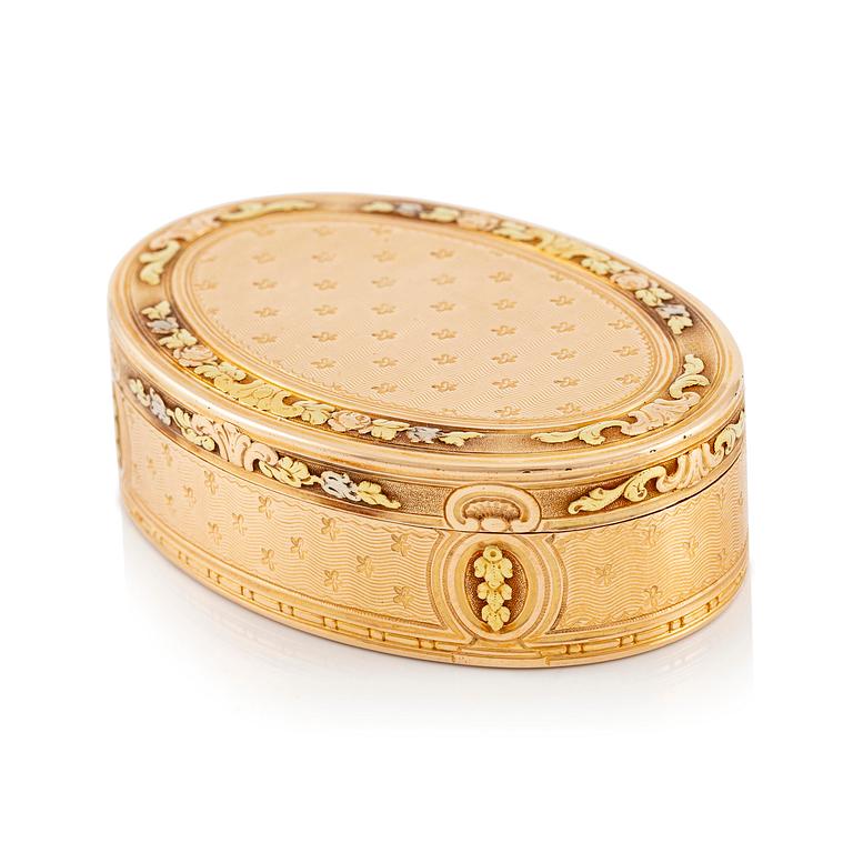 A Swedish probably 18th century gold-box en trois couleurs 18K, mark of Friedrich Fyrwald, (active 1786-1813) Stockholm.