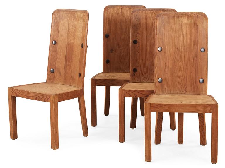 A set of four Axel Einar Hjorth 'Lovö' stained pine chairs, Nordiska Kompaniet, 1930's.