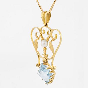Pendant with chain, 18K gold and synthetic blue spinel, and pearl.