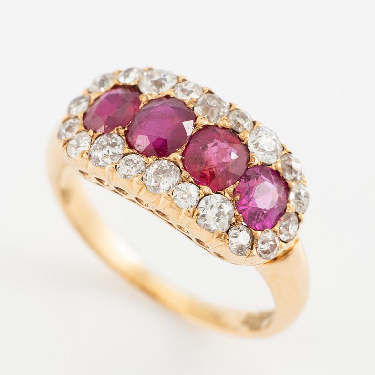 Ring, Hallbergs, 18K gold with rubies and old-cut diamonds. Early 20th century.