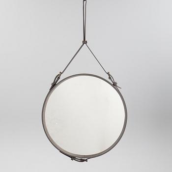 A mirror "Adnet" with leather hanging in original box, designed 1950 by Jacques Adnet for Gubi, Denmark.