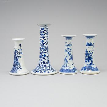 Four chinese 19th century blue and white porcelain candle holders. Qing dynasty.