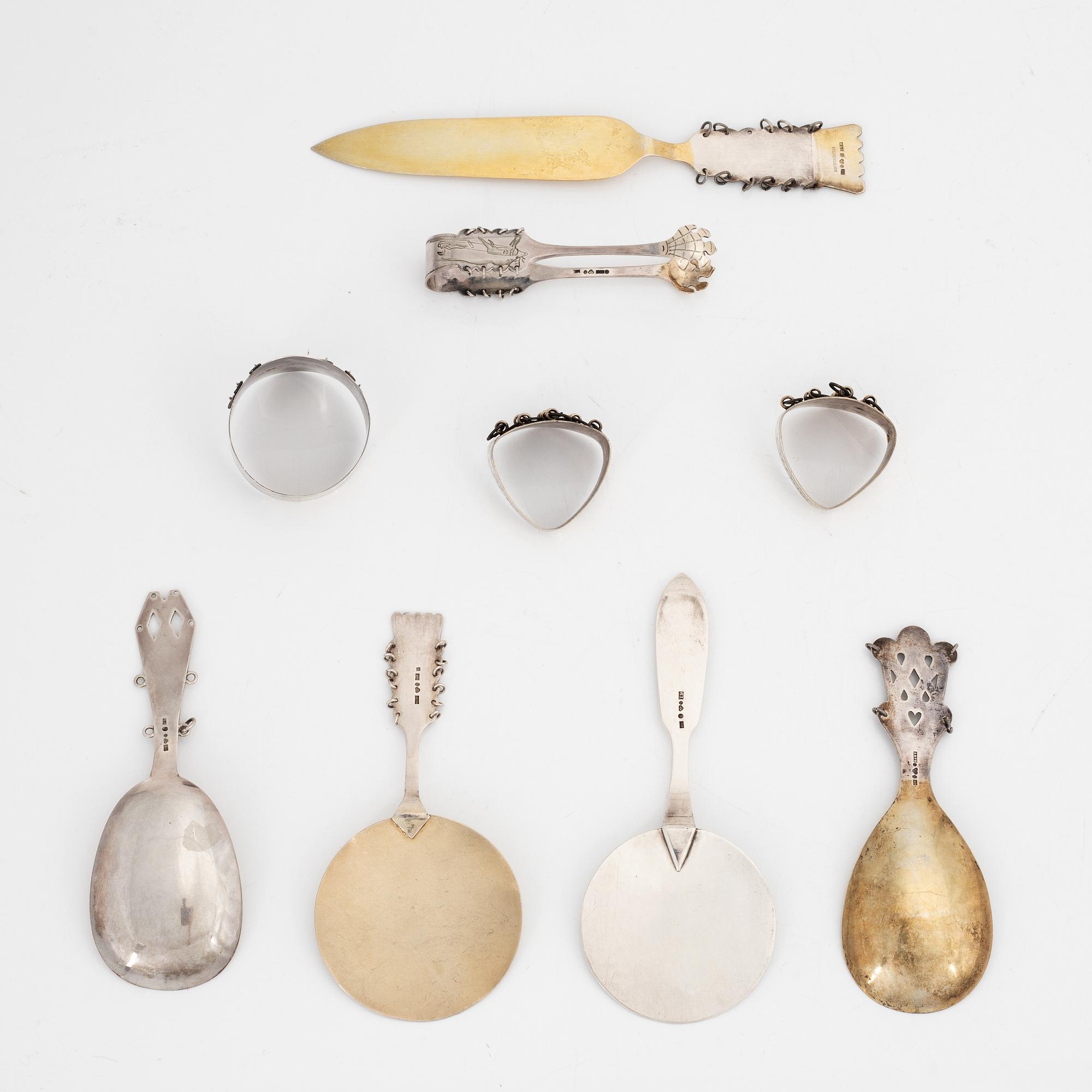 Swedish silver cutlery and napkin rings, including mark of Fritz Olsson, Luleå 1966 (9 pieces).