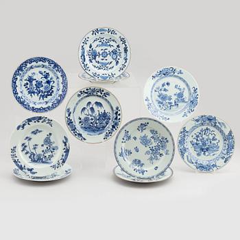 A group of ten Chinese blue and white porcelain plates, Qing dynasty, 18th century.