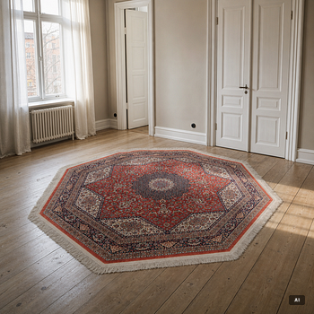 An Oktagonal  silk Qum rug, Central Persia, signed, c. 250 x 250 cm.