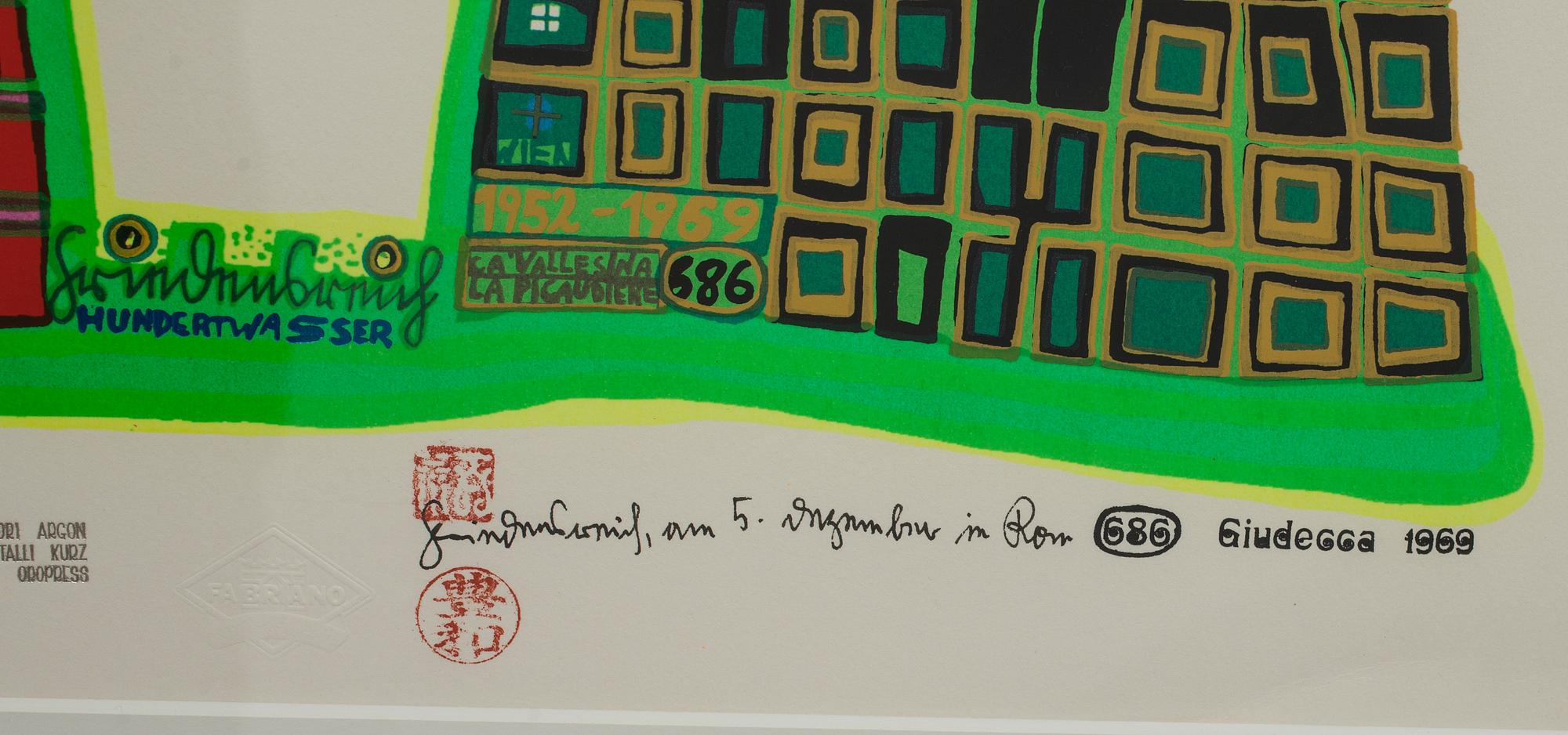 FRIEDENSREICH HUNDERTWASSER, färgserigrafi med metallprägling, signerad och numrerad 3506/10000.