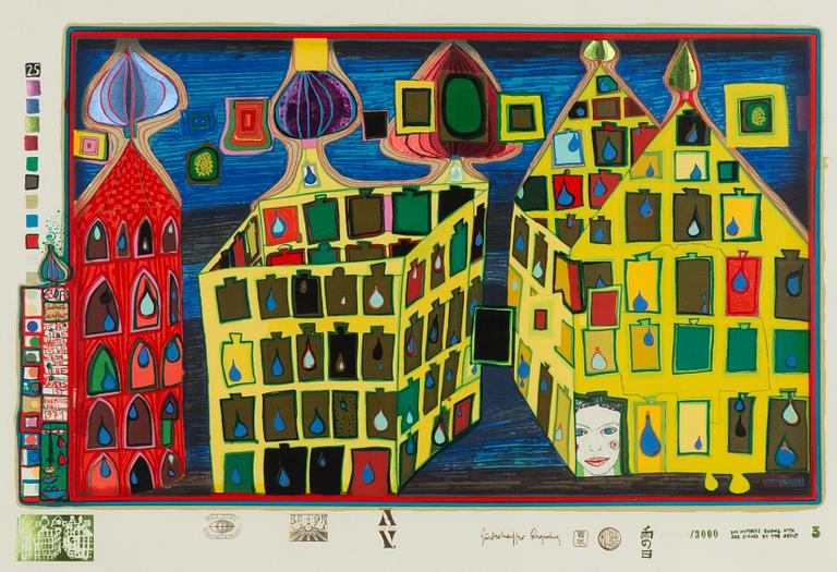 Friedensreich Hundertwasser, "Mit der libe warten tut weh wenn die liebe woanders ist. Ur "Regen auf Regentag.