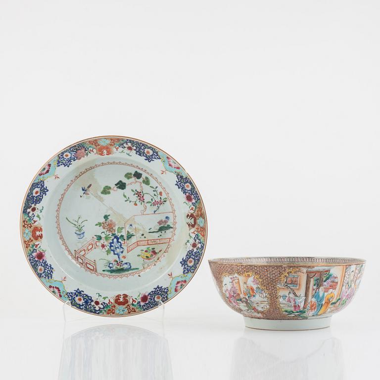 A famille rose Chinese export punchbowl and a basin, Qing dynasty, Qianlong (1736-95).