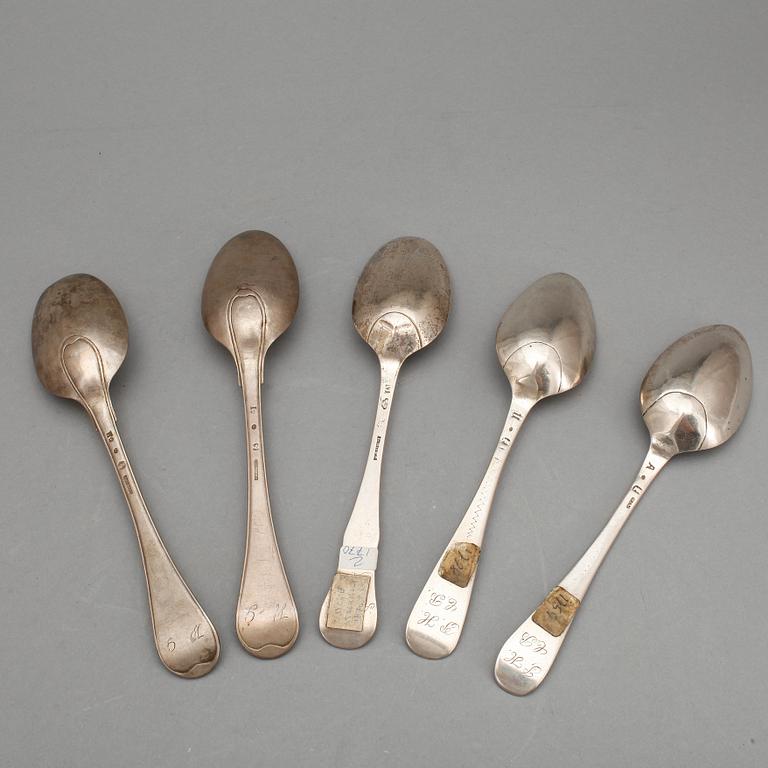 MATSKEDAR, 5 st, silver, bla Lars Boye och Petter Eneroth, Stockholm, 1700-tal. Tot ca 286 gram.