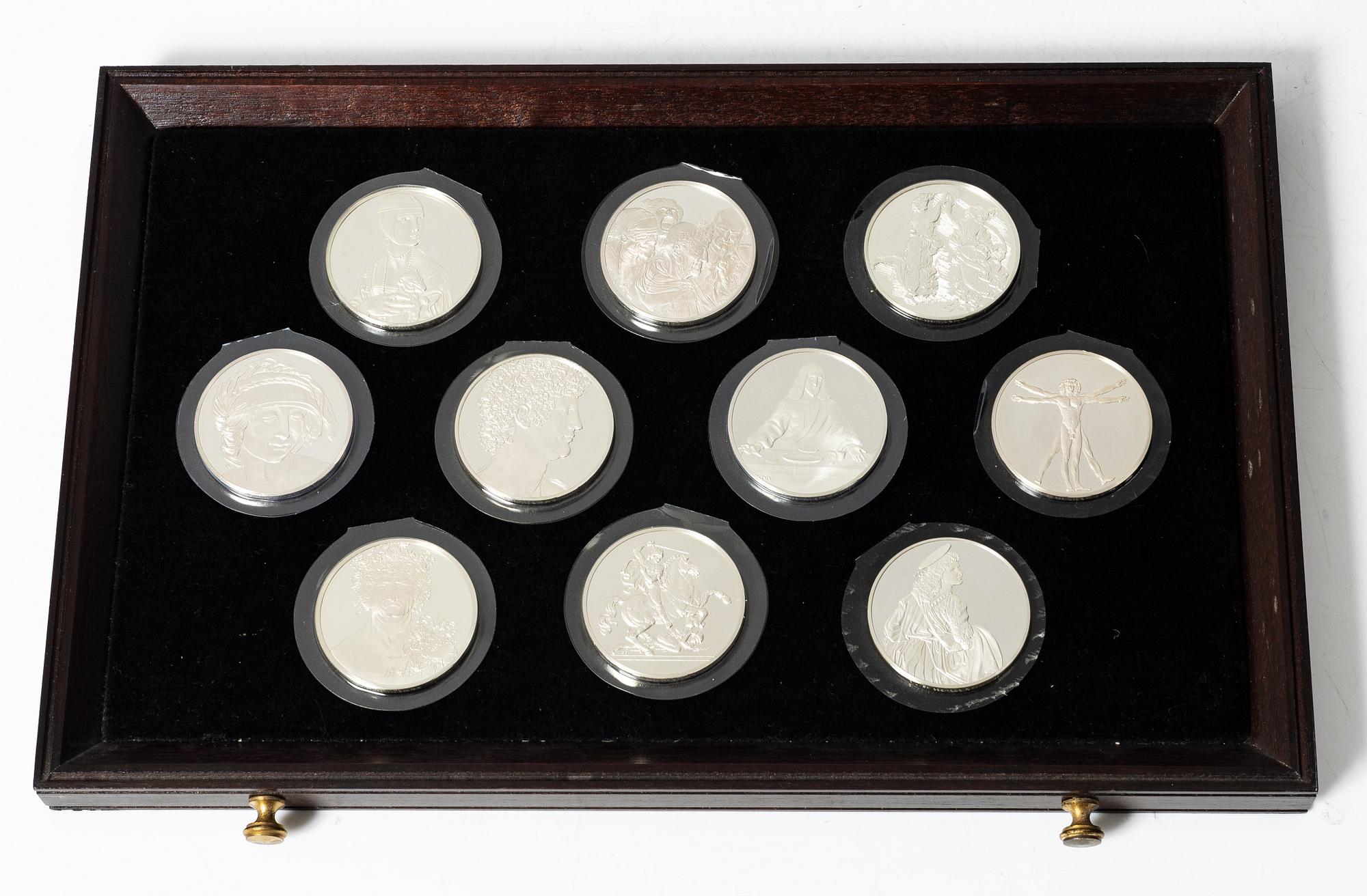 Schatull med medaljer silver 925/1000. "Mästaren och geniet Leonardo da Vinci". Franklin Mint 1970-tal.