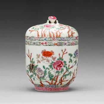 649. A famille rose jar with cover, Republic with a Jiaqing mark to the base.