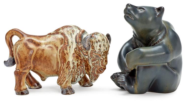 Two Gunnar Nylund stoneware figures, a bear and a bison, Rörstrand.