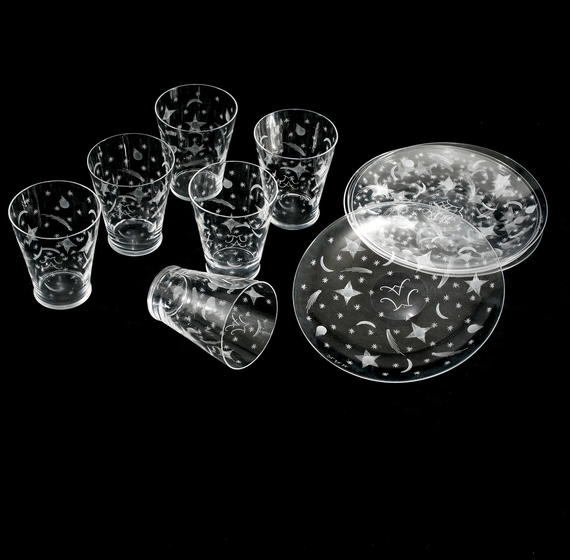 GLAS, 6 st samt ASSIETTER, 6 st, glas, Edward Hald, 1920-tal.