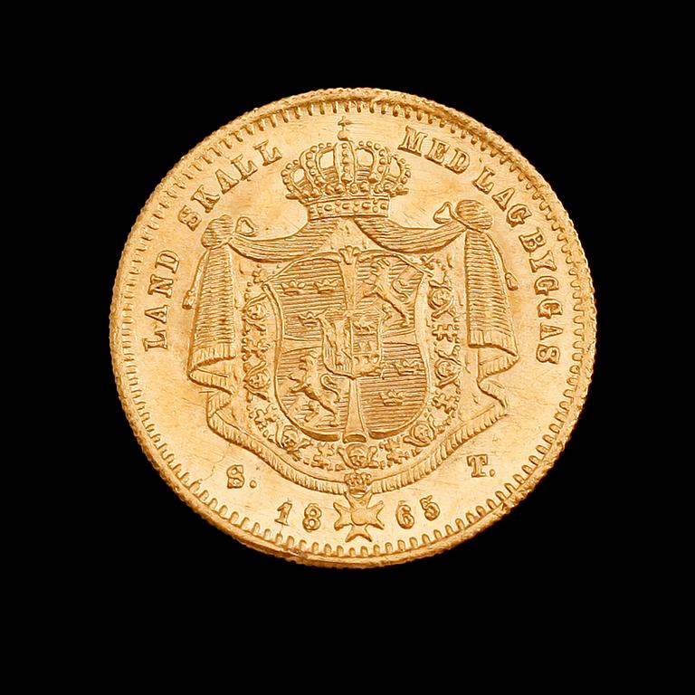 GULDMYNT, Carl XV, 1865. Vikt ca 3 gram.