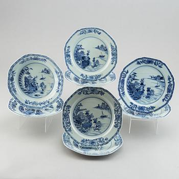 Eight blue and white export porcelain plates, Qing dynasty, Qianlong (1736-95).