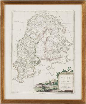 KARTA, handkolorerad etsning, "La Svezia", Giuliano Zuliani, daterad 1781.