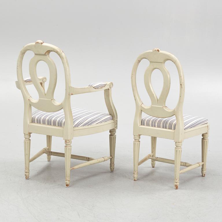 Stolar, 4 st och karmstolar, ett par, gustaviansk stil, 1900-talets första hälft.