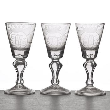 298. A set of three Swedish wine glasses, 18th Century.