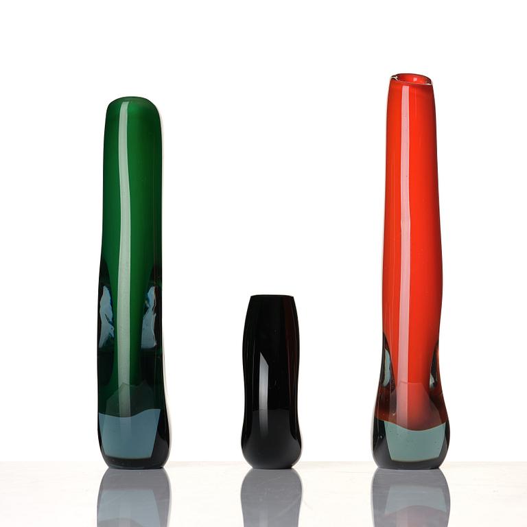Vicke Lindstrand, a set of three glass vases, Kosta, Sweden 1950-60's.