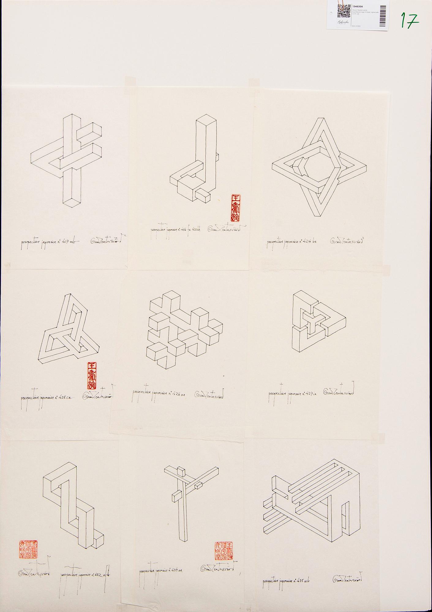 Oscar Reutersvärd, ink drawings 9 sheets, signed, no 17.